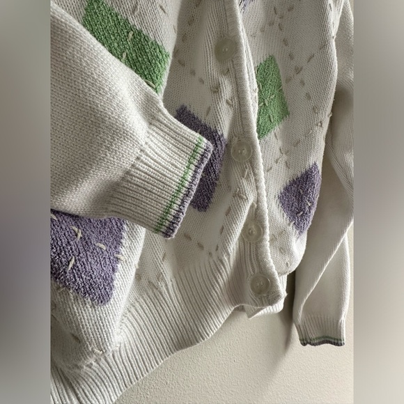 Vintage 90 Liz Golf White Argyle Print Knit Button Up Cardigan Sweater | Size L - Picture 3 of 6